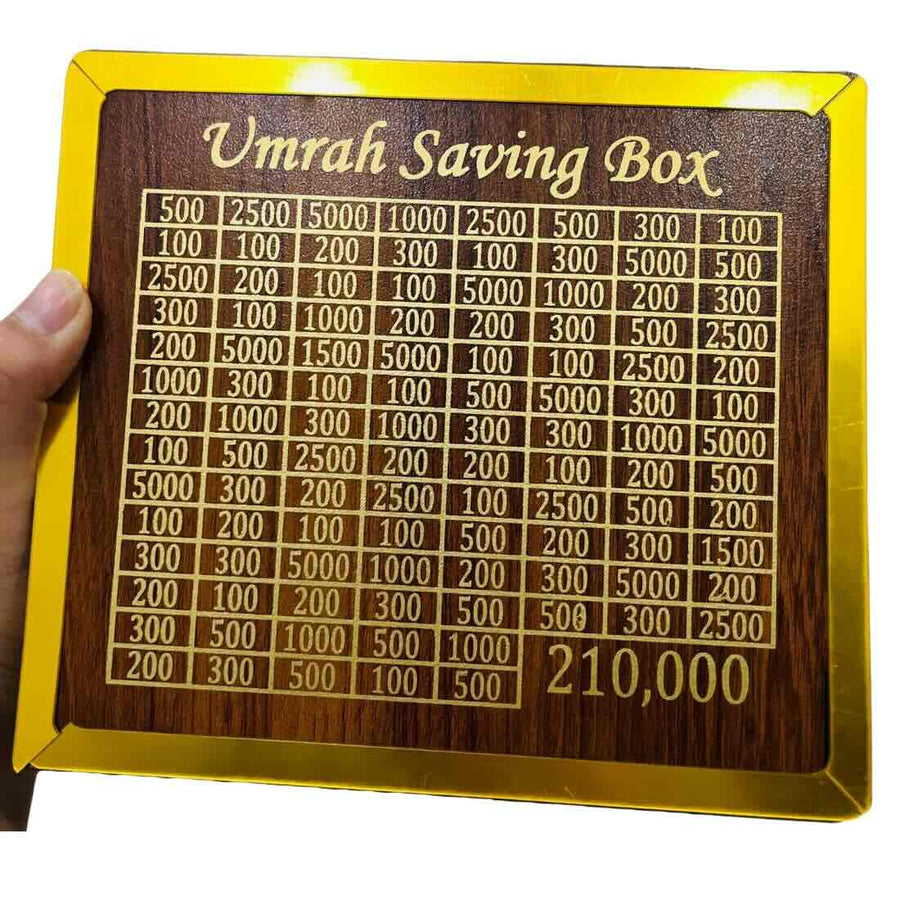 Umrah Saving Box Premium Wooden Money Saving Box, Save PKR 210,000 in 280 Days, Cash Challenge Box with Daily Savings Plan, Reusable Savings Challenge Box, Islamic Gift, Budget Planner, Wooden Piggy Bank for Kids & Adults, Home & Office Decor